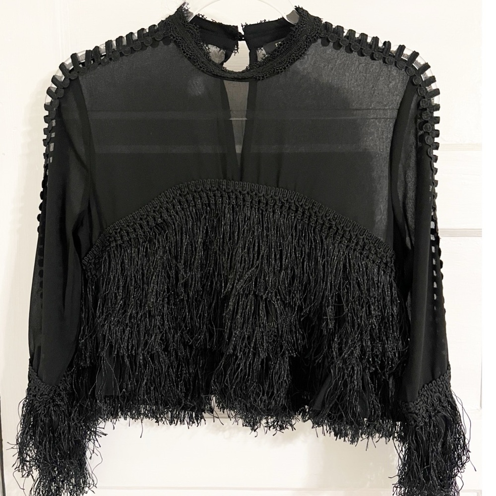 HERA Rosebullet Black Tassel Long Sleeve Sheer Layered Fringe Blouse Glam Grunge